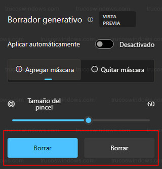 Aplicación Fotos - Botones para borrar