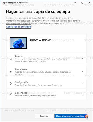 App Copias de seguridad de Windows - Hacer una copia de seguridad