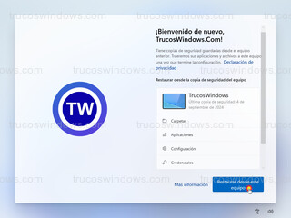 Instalación de Windows 11 - Restaurar desde la copia de seguridad del equipo